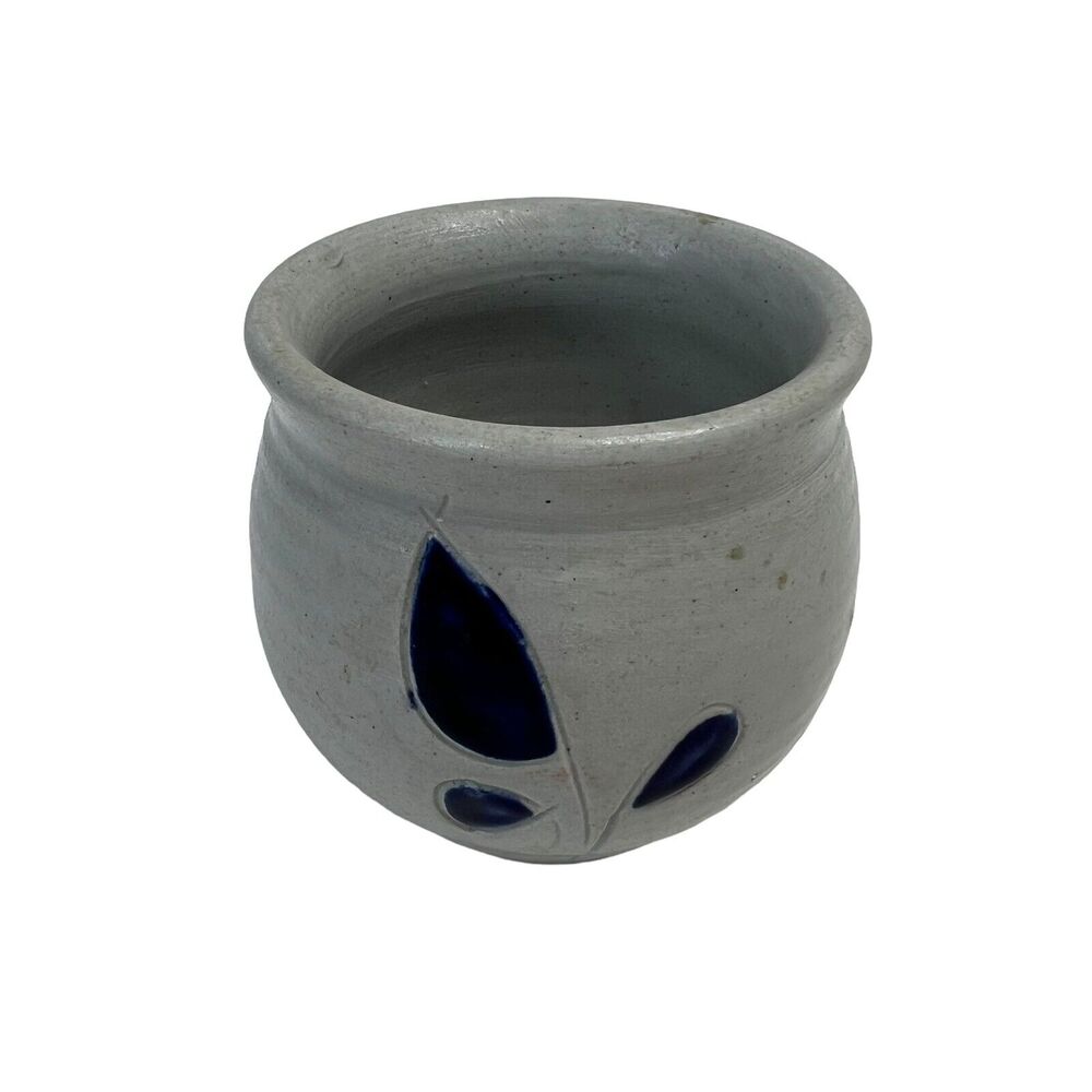 Williamsburg Pottery Salt Crock Votive Tealight Candle Holder Cobalt Leaves 3"